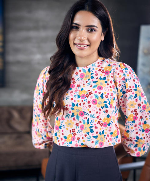 Floral Long Sleeve Pink Chiffon  Top